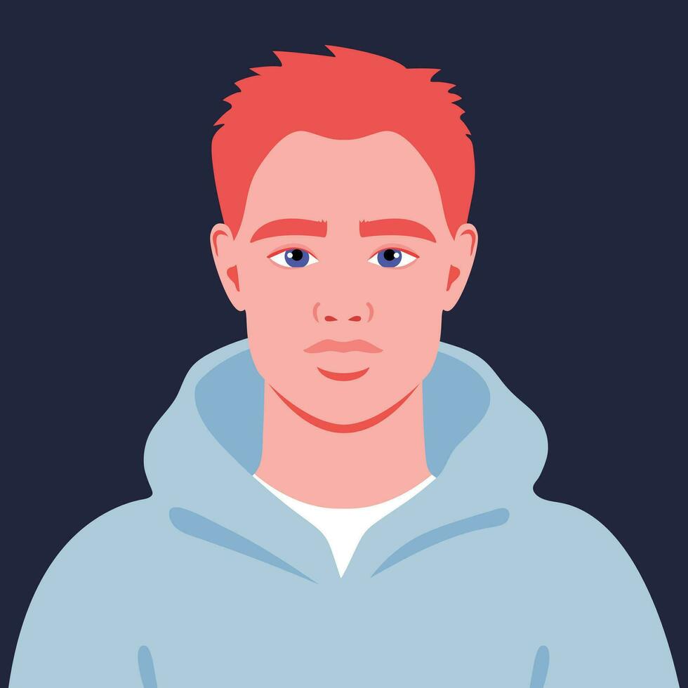 jong roodharige Mens in een blauw capuchon. portret van een abstract jongen. vol gezicht abstract mannetje avatar in vlak stijl vector