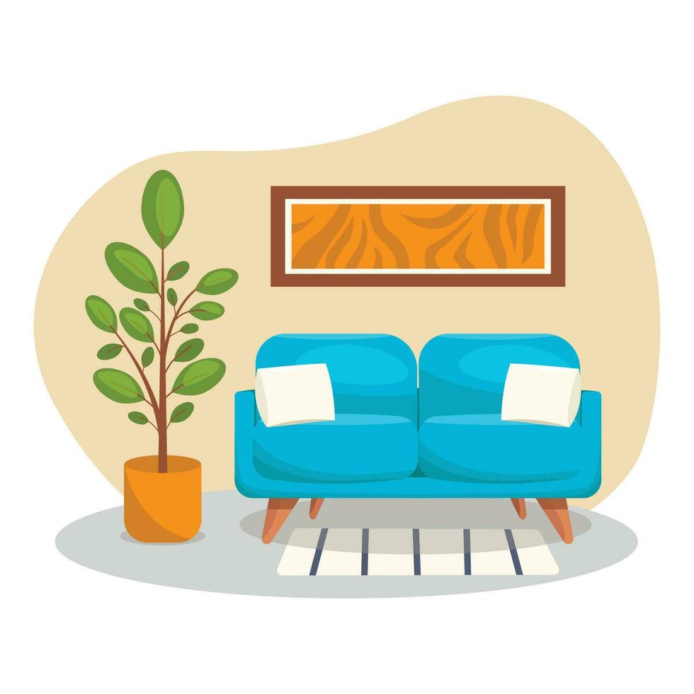 leven kamer interieur. vector, Nee achtergrond. sofa met kussens, plant, tapijt en schilderen. vector grafisch.