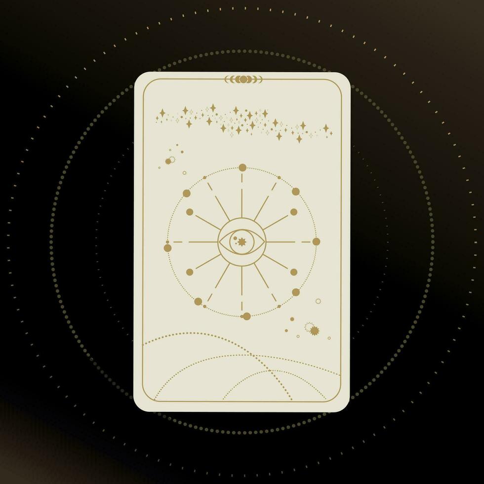 goud en wit tarot kaart met een magisch oog Aan een zwart achtergrond met sterren. tarot symboliek. mysterie, astrologie, esoterisch vector