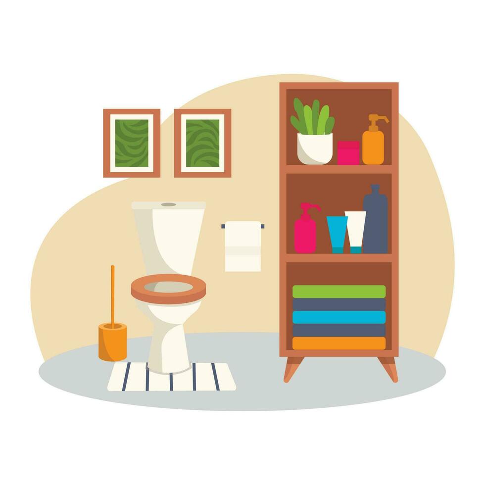 badkamer interieur. toilet. toilet schaal, toilet borstel, plank met personeel, plant, schilderijen. vector grafisch.