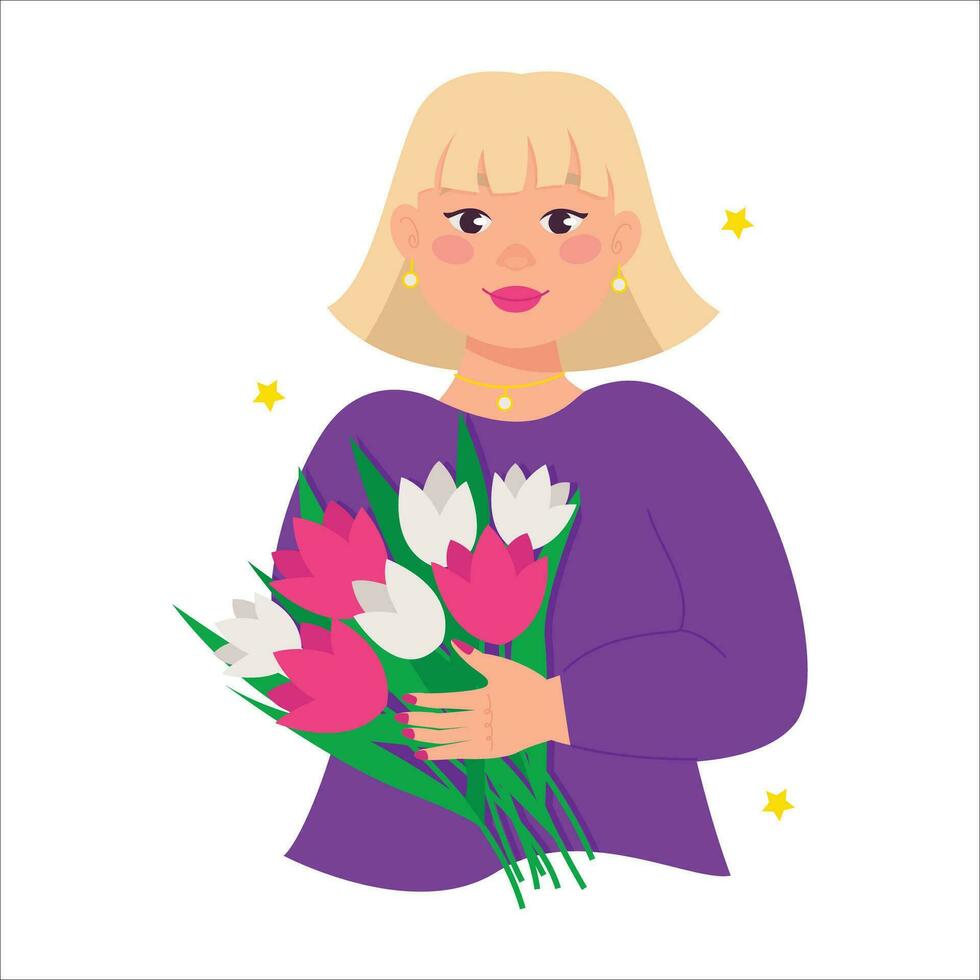 mooi rondborstig vrouw houdt een boeket van bloemen in haar handen. blond met bob kapsel. vector grafisch.