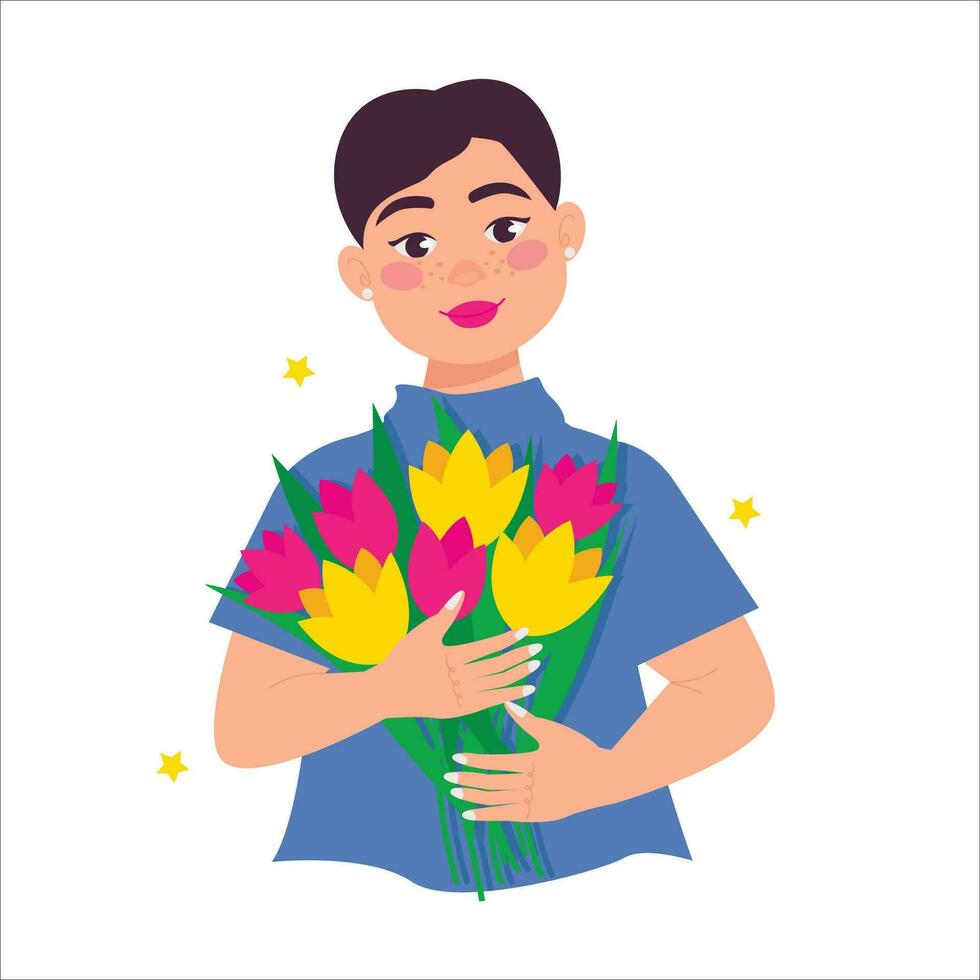 mooi rondborstig vrouw houdt een boeket van bloemen in haar handen. brunette met kort haar. vector grafisch.