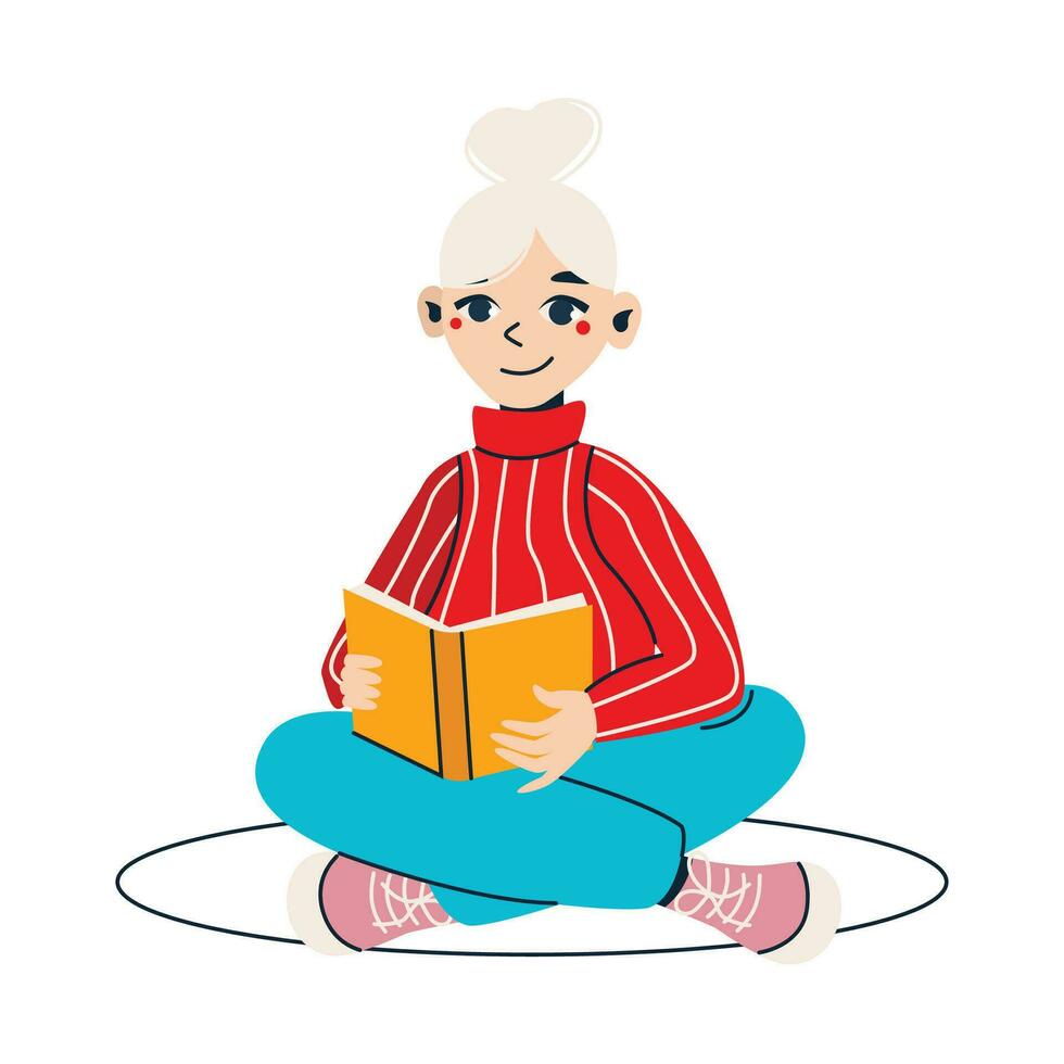 tekenfilm meisje leest boek. schattig blond. vector grafisch.