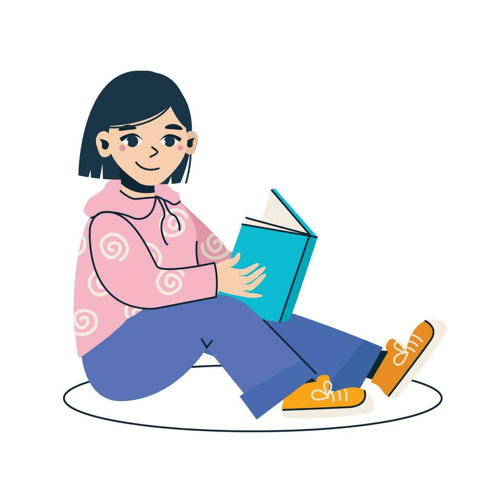 tekenfilm meisje leest boek. schattig brunette. vector grafisch.