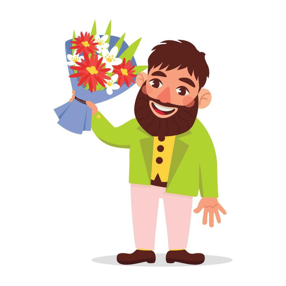 Mens met een baard in een jasje Holding een mooi boeket van bloemen. vector grafisch.