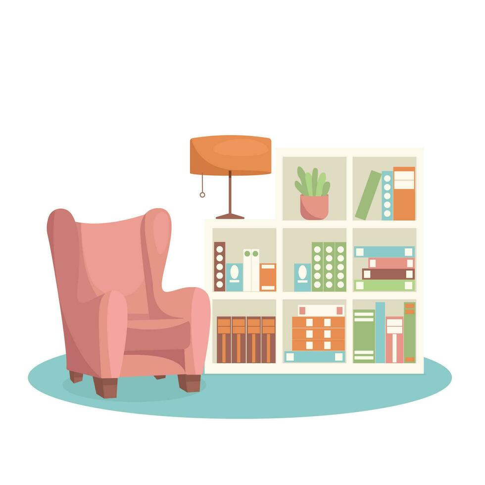 leven kamer interieur. fauteuil, vaas, boekenkast, ingemaakt plant, veel van boeken. vector grafisch.