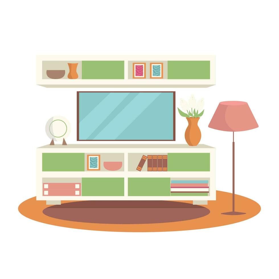 leven kamer interieur. garderobe, TV, bloem vaas, verdieping lamp, boeken, tapijt, schilderijen, decor. vector grafisch.