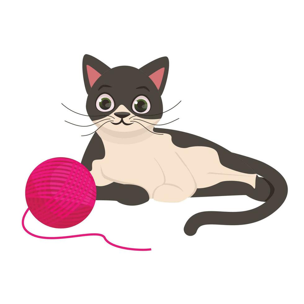 schattig zwart en wit kat leugens De volgende naar een roze bal van draad. vector grafisch.
