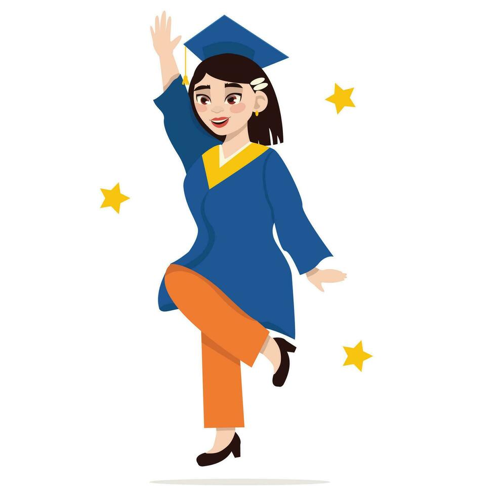 diploma uitreiking dag. afstuderen Aziatisch meisje in een gewaad en een plein academisch kap. jumping voor vreugde. vector grafisch.
