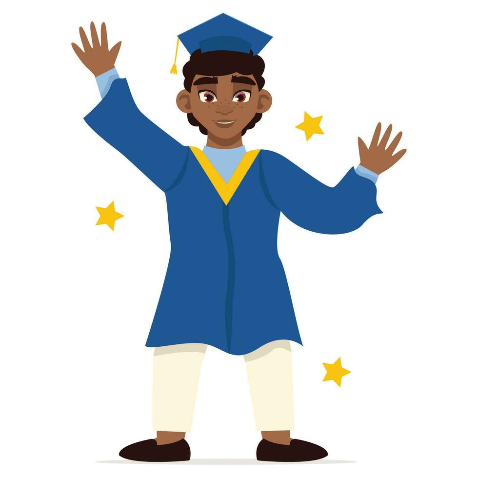 diploma uitreiking dag. afstuderen zwart Mens, in een mantel en een plein academisch kap. jumping voor vreugde. vector grafisch.