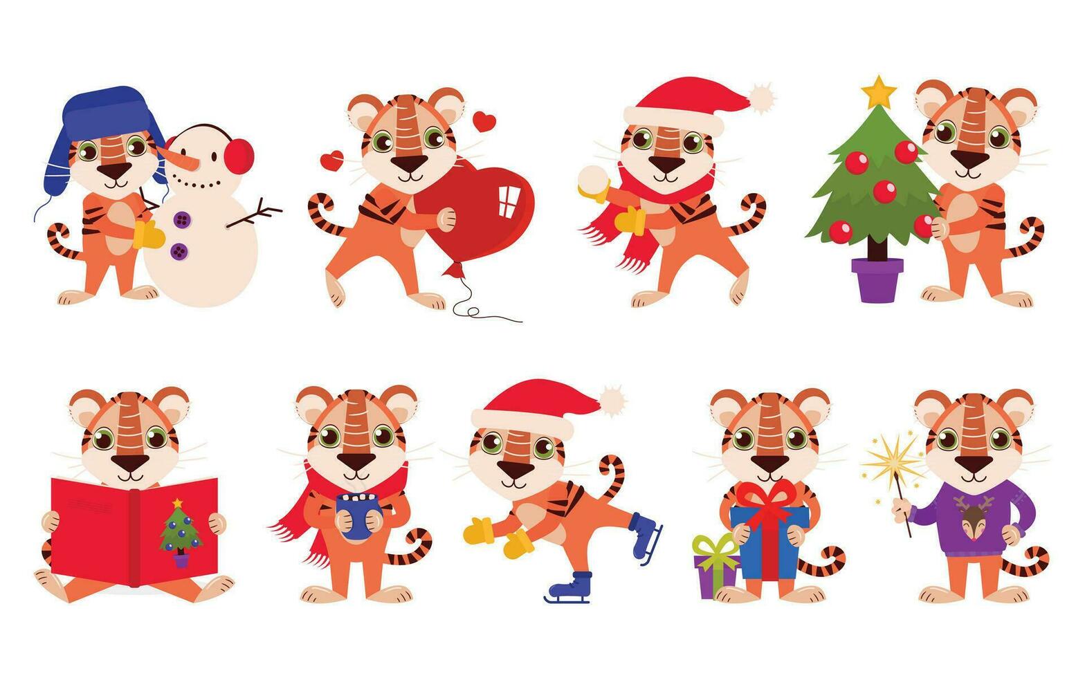 reeks van illustraties met een schattig tijger in de winter seizoen. vector grafisch.