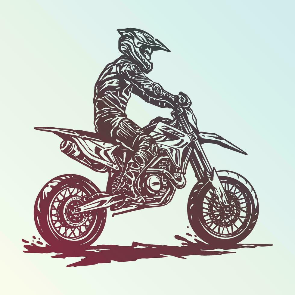 elegant supermoto rijder Aan de fiets met een wijnoogst stijl illustratie vector