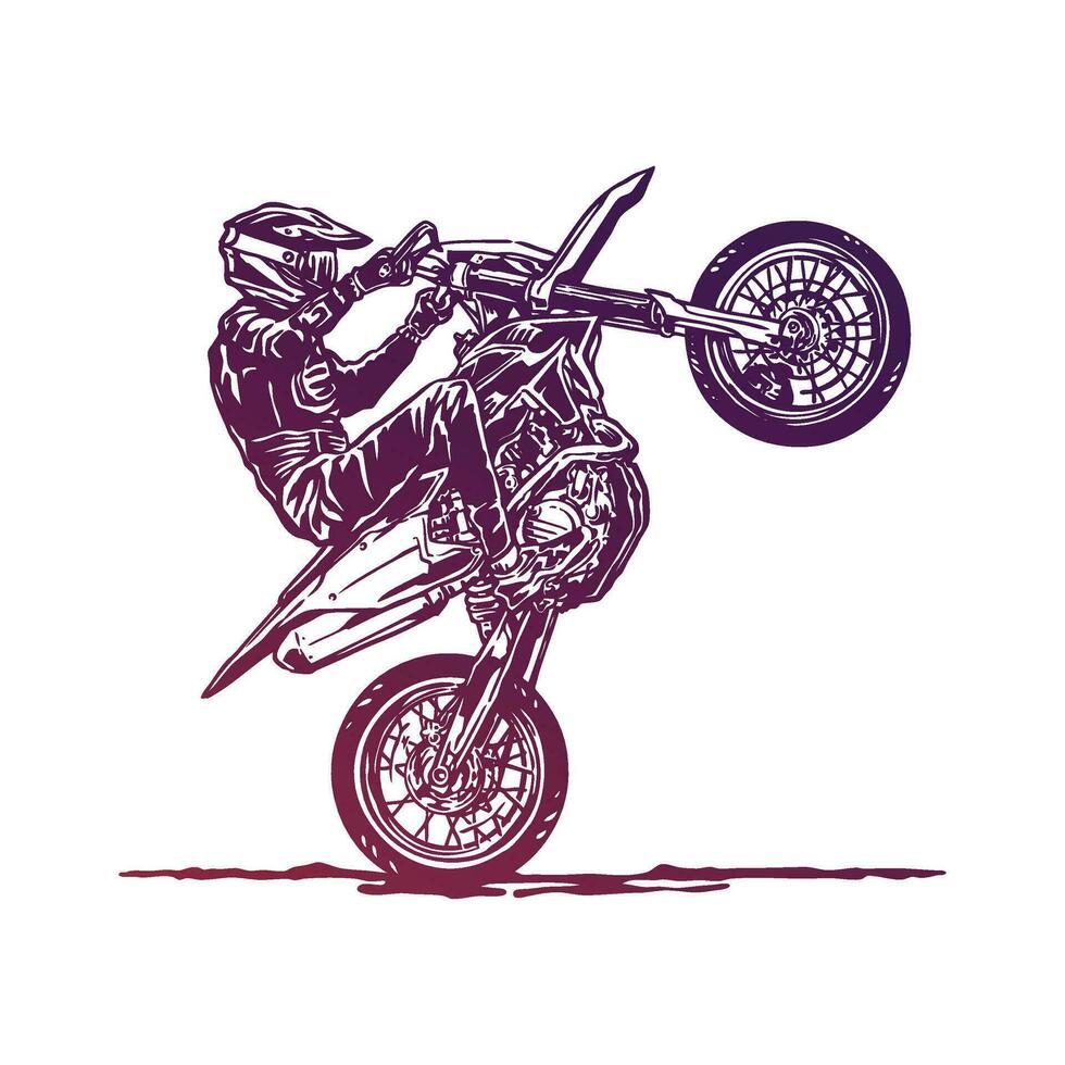 extreem supermoto fietser wheelie vrije stijl tekenfilm illustratie vector