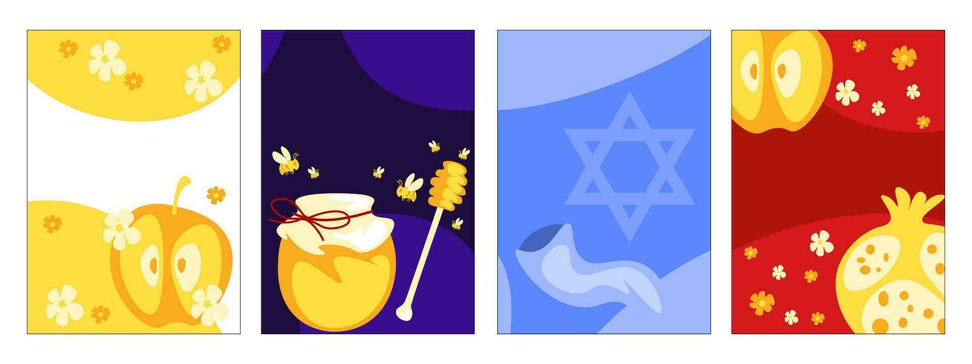 reeks van creatief concept Rosh hashanah groet kaart. granaatappel, honing, appel, bloem illustratie. modieus Joods poster vector