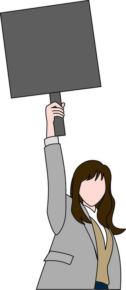 een bedrijf vrouw in een pak is Holding omhoog een blanco teken Aan stok. een jong roodharige meisje houdt een informatie bord. vector
