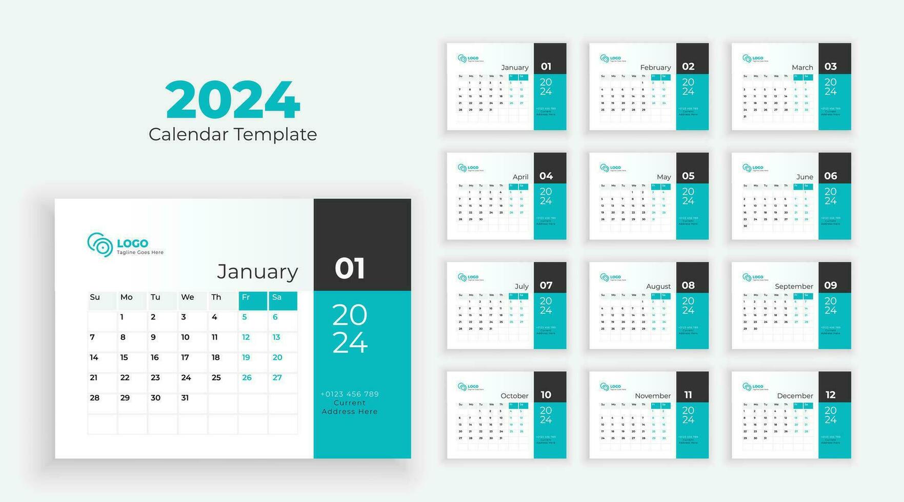 kalender sjabloon voor 2024 jaar. week begint Aan zondag. kalender 2024 ontwerper zakelijke sjabloon ontwerp reeks vector