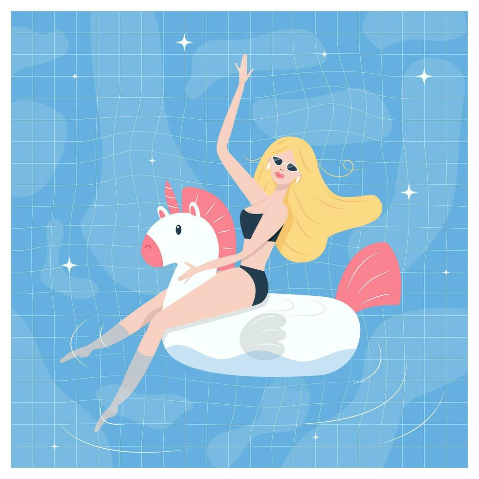 blond meisje Aan een opblaasbaar matras in de vorm van een eenhoorn in de zwembad retro vector illustratie zomer vakantie en weekends