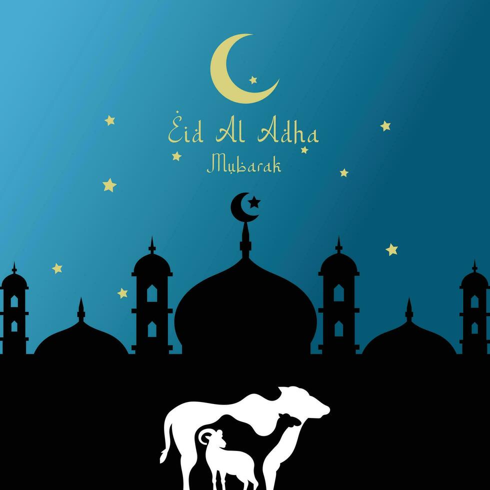 eid al adha festival. groet kaart met offer schapen en halve maan Aan bewolkt nacht achtergrond. eid mubarak thema. vector illustratie.