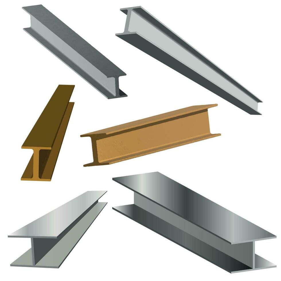 metaal bouw balken, staal structuur liggers. vector realistisch reeks van roestvrij balk voor gebouw, ijzer structureel profiel geïsoleerd. 3d illustratie van sterk i-stralen
