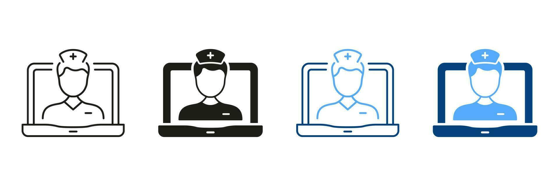 telegeneeskunde, gezondheidszorg zwart en kleur symbool verzameling. virtueel dokter. arts overleg. online medisch onderhoud in laptop lijn en silhouet icoon set. geïsoleerd vector illustratie.