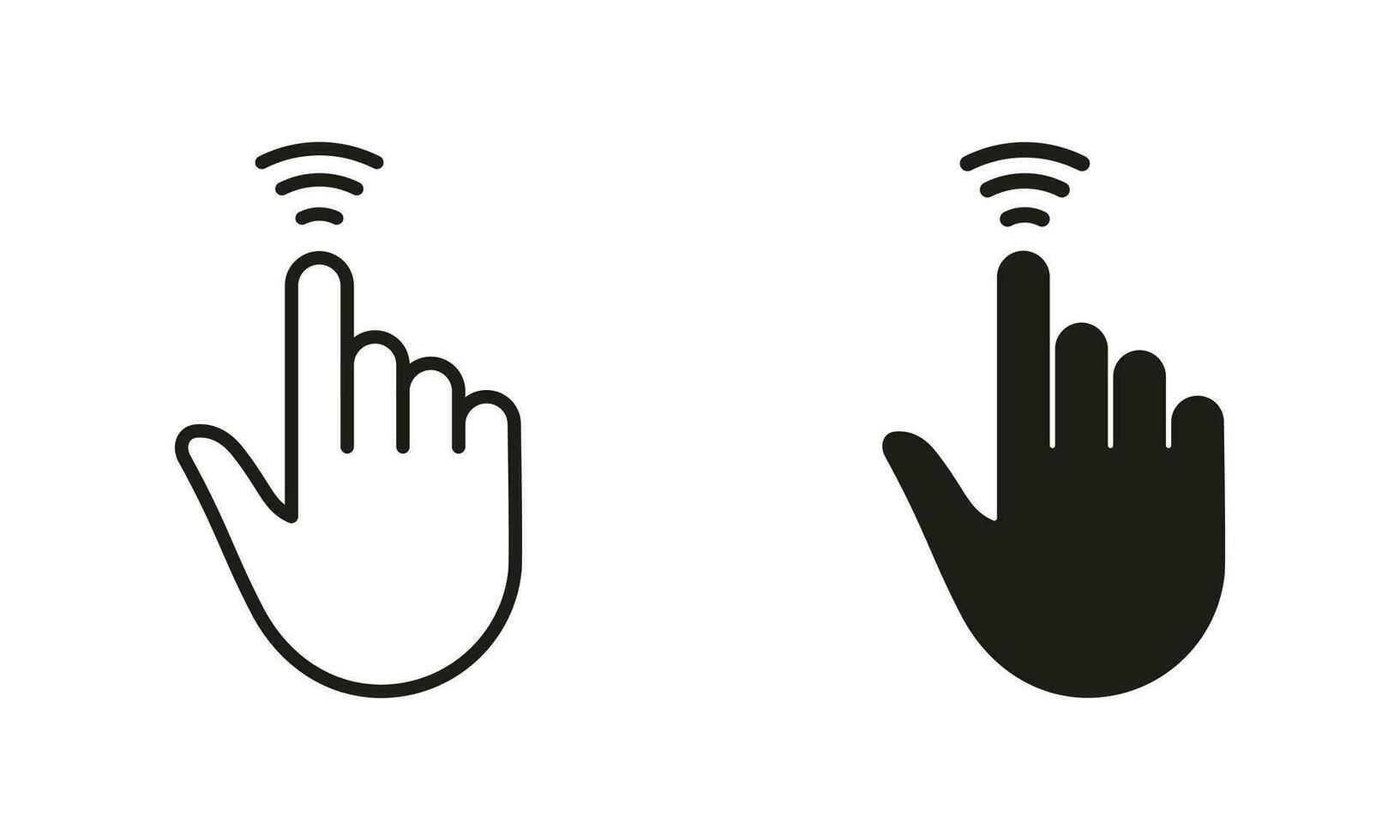 cursor hand, computer muis vegen omhoog lijn en silhouet zwart icoon set. wijzer vinger pictogram. druk op, tik, aanraken, Klik, punt gebaar teken verzameling. geïsoleerd vector illustratie.