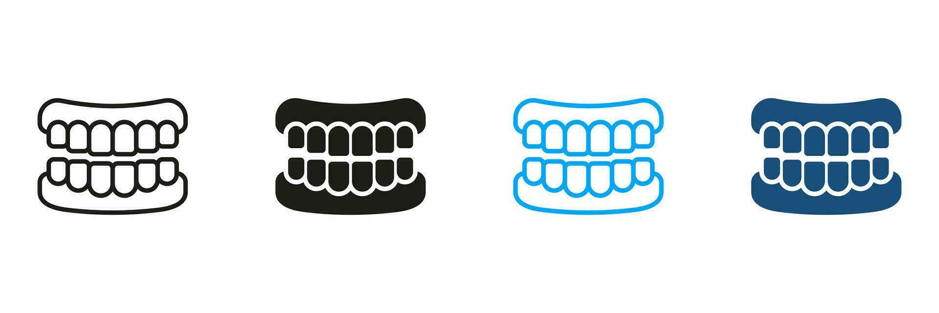false tand, tanden prothese pictogram. menselijk kaak anatomie met tanden silhouet en lijn pictogrammen set. gezond glimlach, mondeling hygiëne, tandheelkundig behandeling, tandheelkunde teken. geïsoleerd vector illustratie.