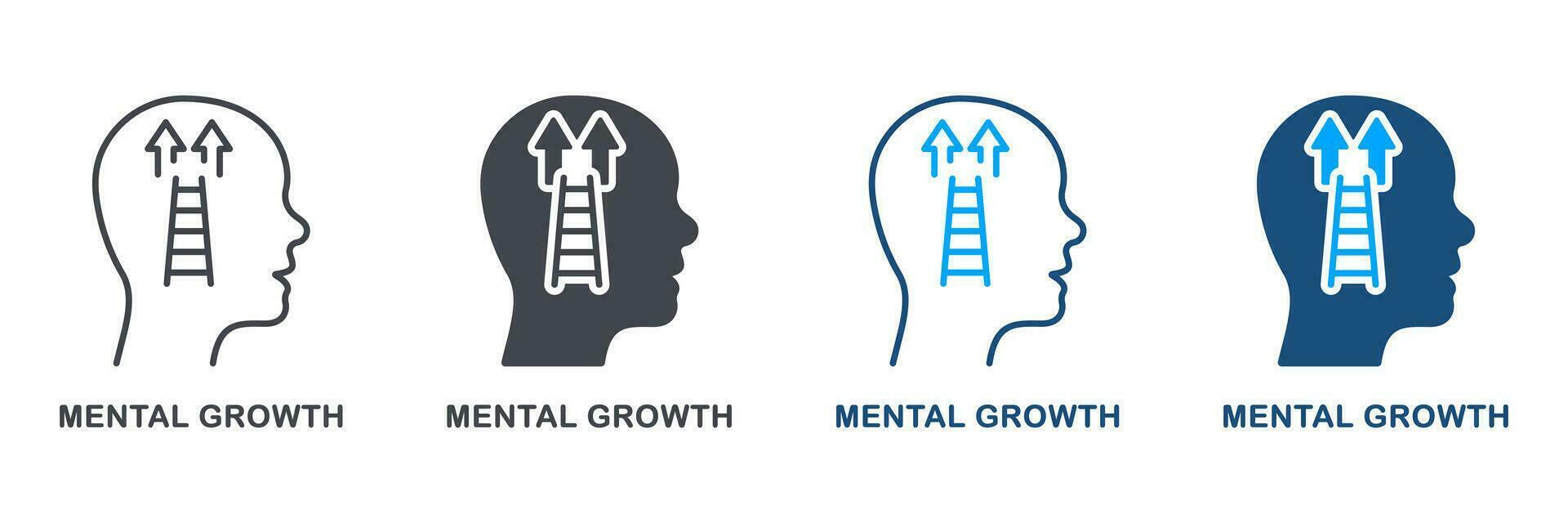 mentaal groei, potentieel carrière silhouet en lijn icoon set. psychologie behandeling symbool verzameling. menselijk hoofd met ladder, motivatie en succes pictogram. geïsoleerd vector illustratie.