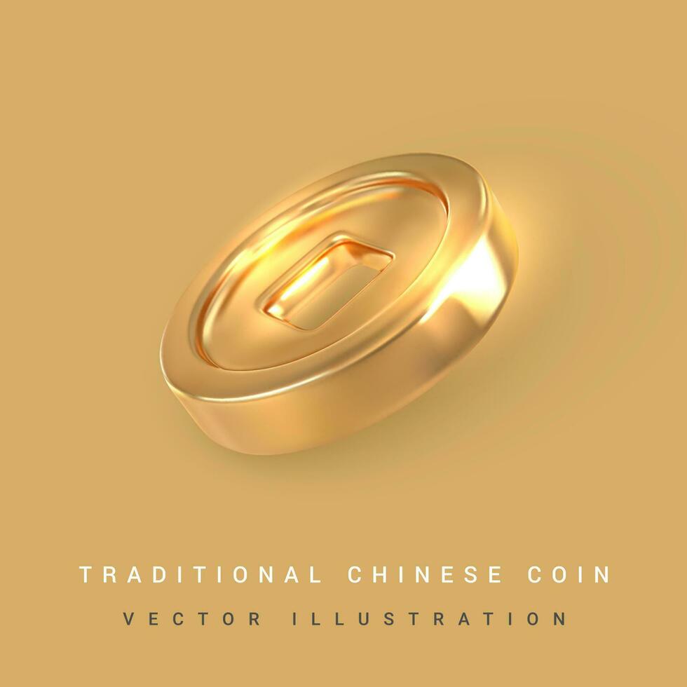 3d traditioneel Chinese goud munt met plein gat. Aziatisch traditioneel elementen. vector illustratie