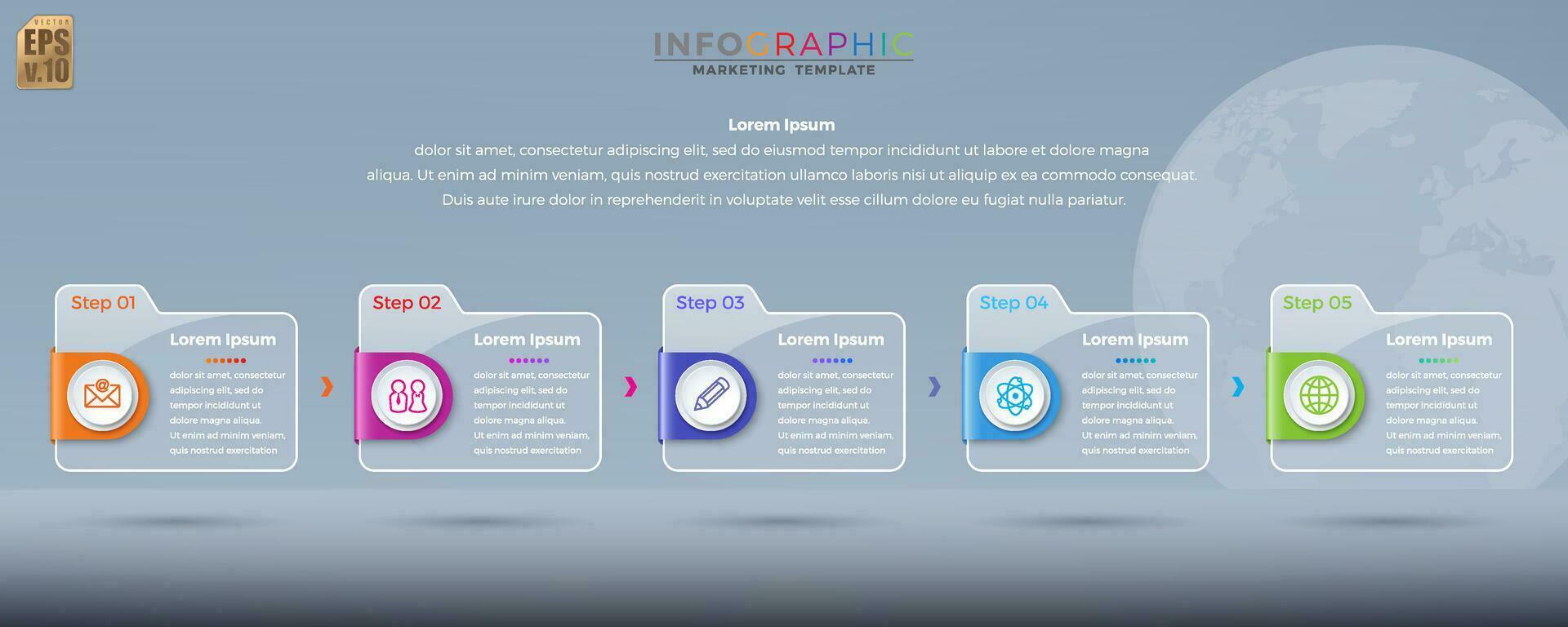 infographic vector ontwerp bedrijf kleurrijk sjabloon map 5 opties pictogrammen in glas transparantie stijl. u kan gebruikt voor afzet werkwijze, workflow presentaties lay-out, stromen grafiek, afdrukken advertentie.