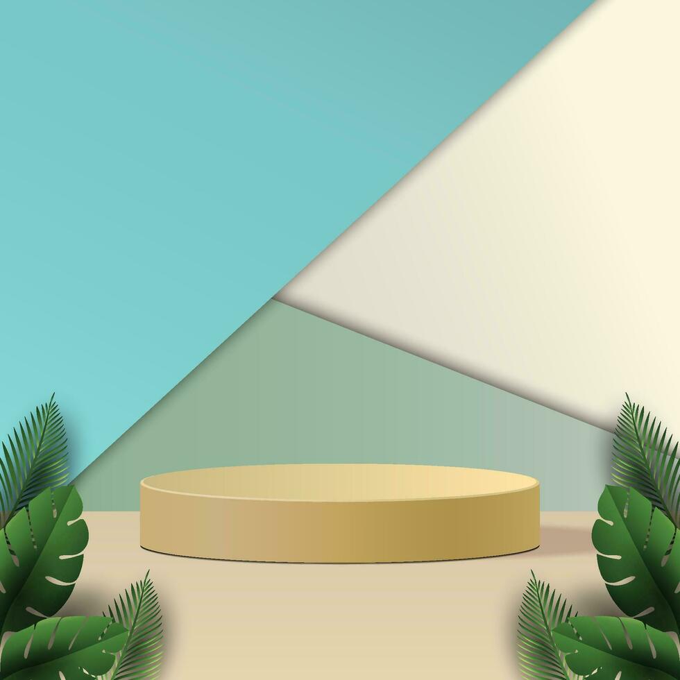 3d vector podium met bladeren en kleurrijk achtergrond voor mockup Scherm