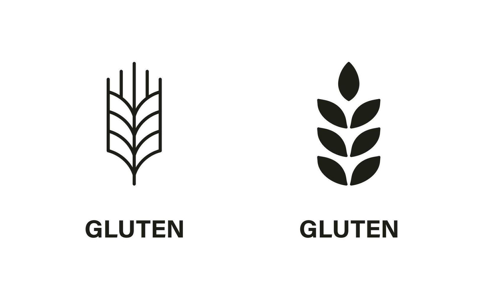 gluten ingrediënten lijn en silhouet icoon set. tarwe allergie Product zwart pictogram. biologisch ontbijtgranen zaad symbool verzameling Aan wit achtergrond. geïsoleerd vector illustratie.
