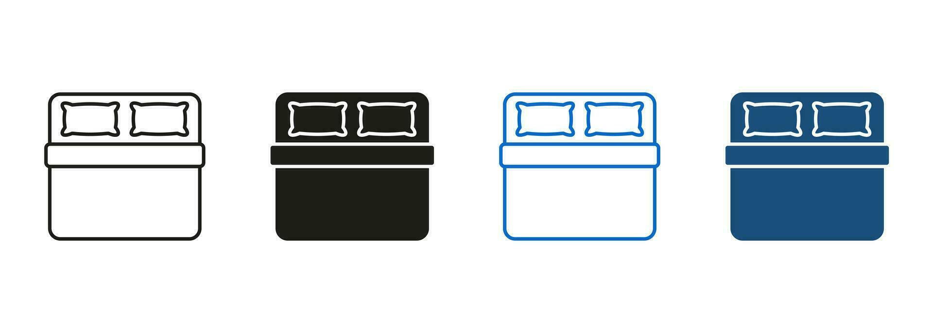 dubbele kamer in herberg, hotel, appartement zwart en kleur teken. dubbele bed lijn en silhouet icoon set. hoofdkussen en deken pictogram. slaapkamer symbool verzameling. geïsoleerd vector illustratie.