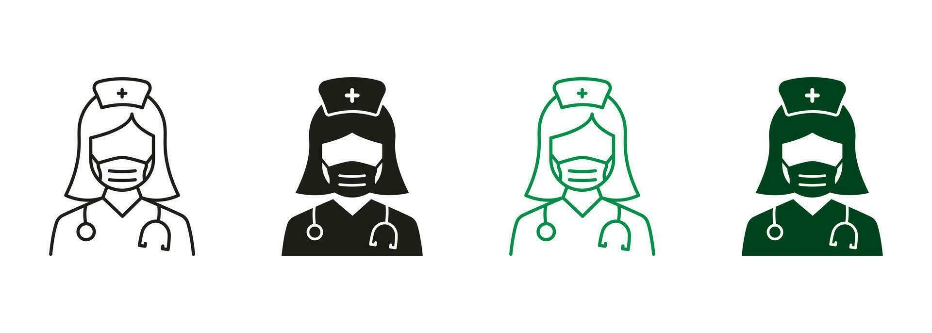 vrouw artsen specialist, medisch assistent teken. professioneel dokter met stethoscoop in gezicht masker lijn en silhouet icoon set. dokter en verpleegster symbool verzameling. geïsoleerd vector illustratie.