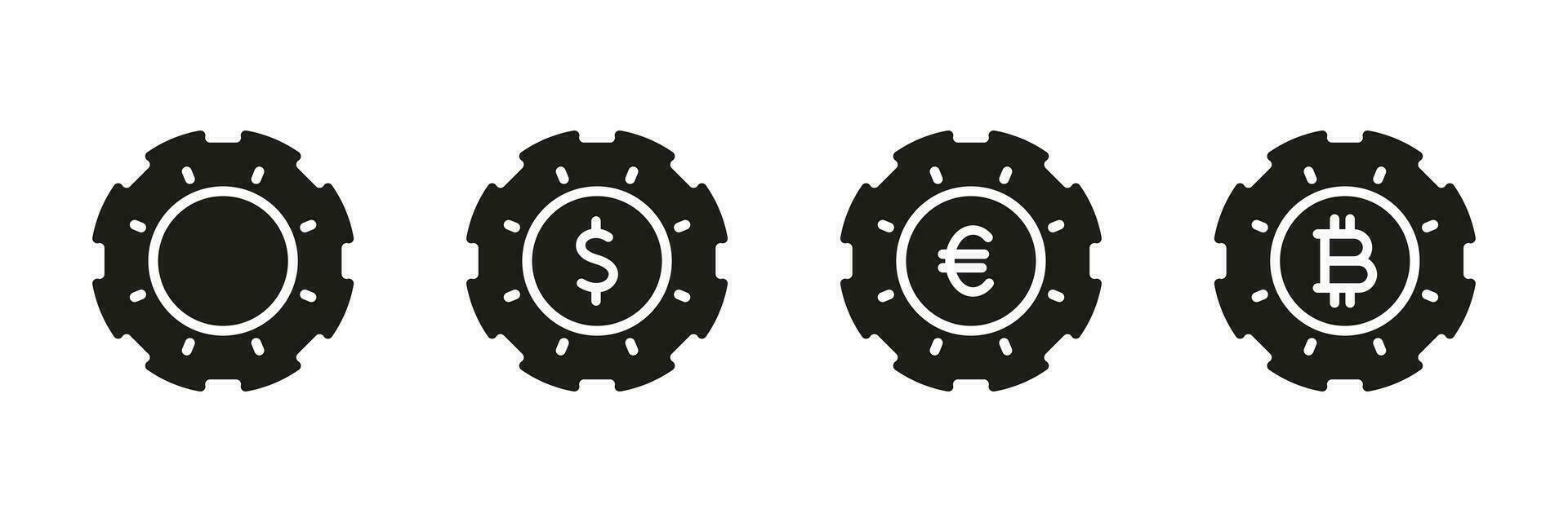 geld chip, casino valuta silhouet zwart icoon set. gokken, poker wedden teken. fortuin spel het gokken inzet symbool verzameling. dollar, euro, bitcoin pictogram. geïsoleerd vector illustratie.