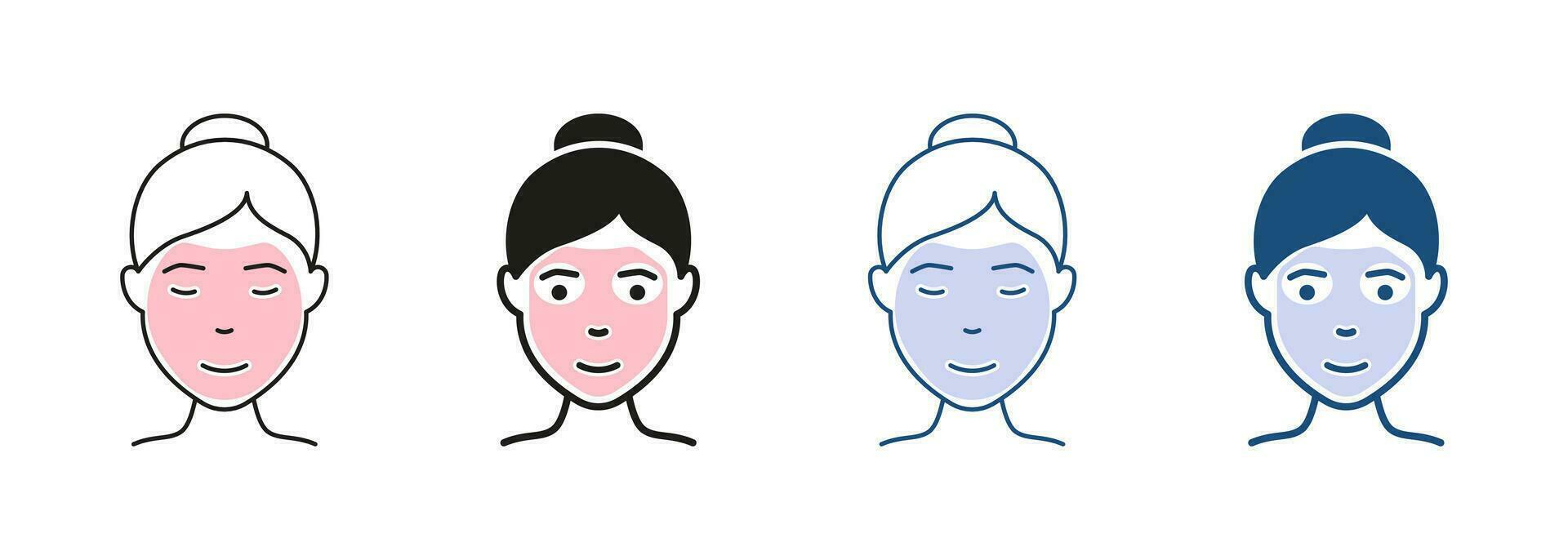 huid zorg routine, hygiëne en hydraterend symbool verzameling. meisje in schoonheid kunstmatig gezicht masker lijn en silhouet icoon set. vrouw met gelaats fonkeling masker pictogram. geïsoleerd vector illustratie.