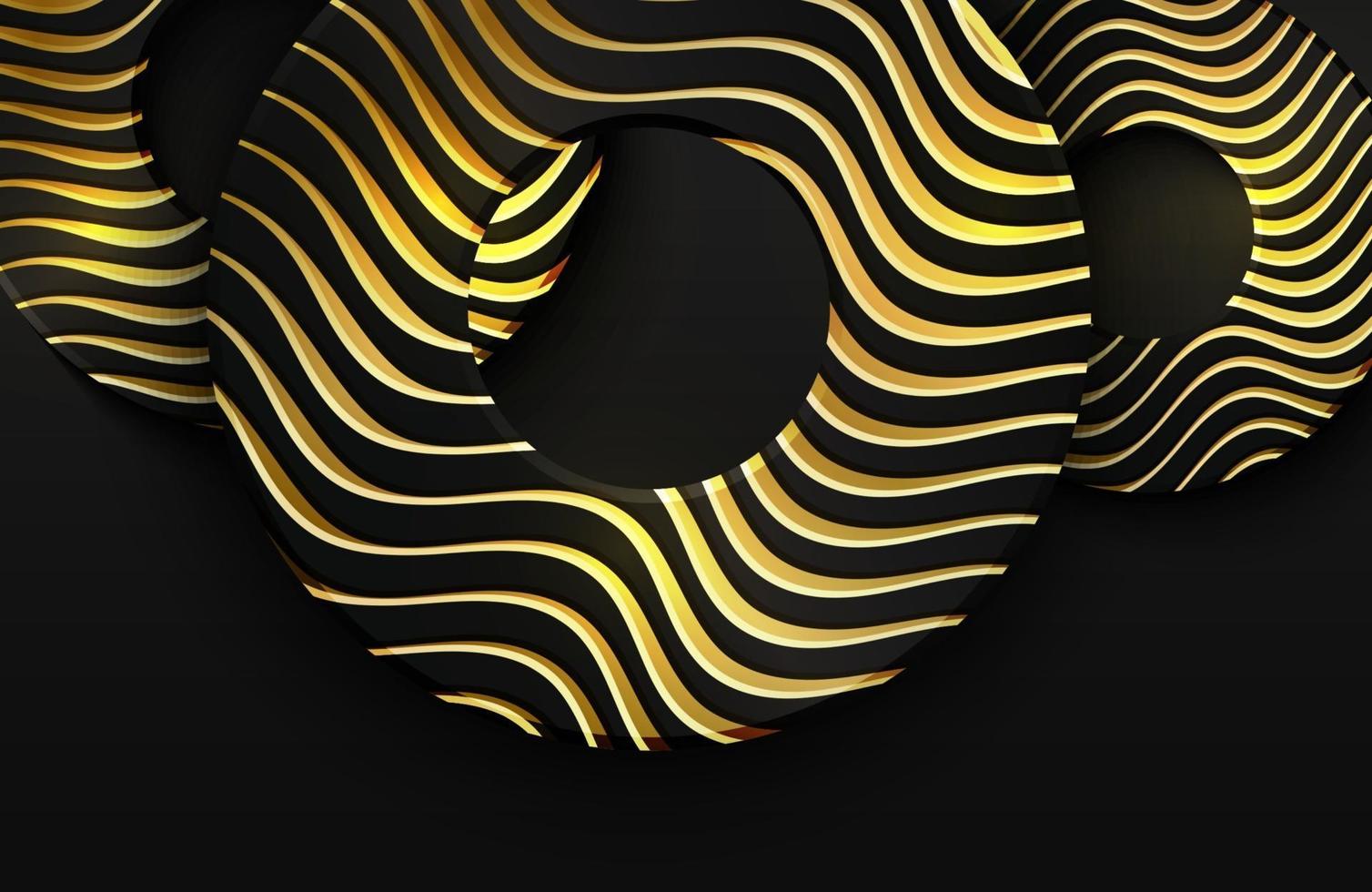 luxe 3D-realistische achtergrond met gouden cirkelvorm. vectorillustratie van zwarte cirkelvormen getextureerd met gouden golvende lijnen vector