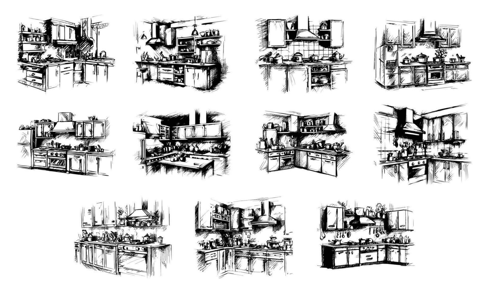 keuken reeks meubilair interieur schetsen hand- tekening stijl illustratie vector