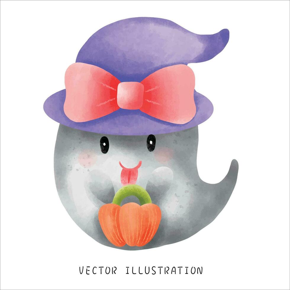 schattig geest Holding een pompoen voor halloween vector