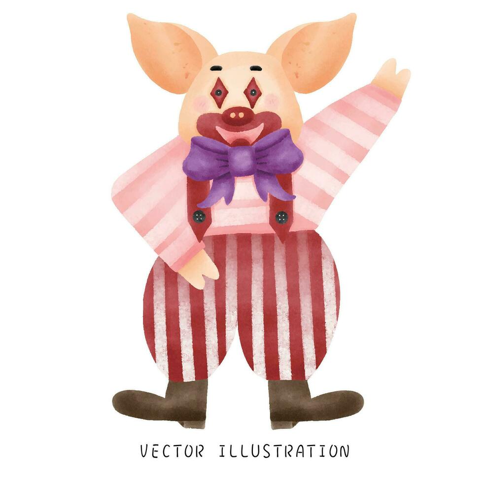 speels varken in halloween clown kostuum truc of traktatie met een tintje van waterverf stijl vector