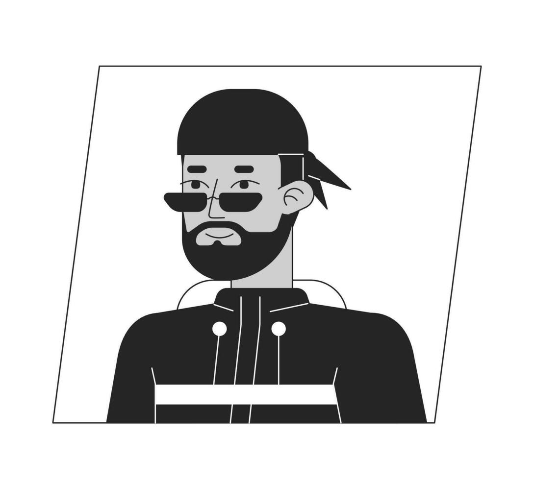 moslim hipster in bril zwart wit tekenfilm avatar icoon. elegant Mens. bewerkbare 2d karakter gebruiker portret, lineair vlak illustratie. vector gezicht profiel. schets persoon hoofd en schouders