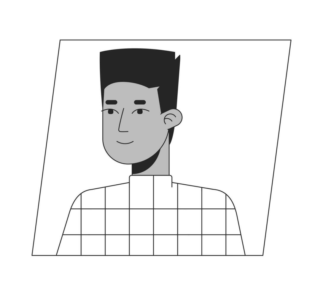 gelukkig tiener jongen zwart wit tekenfilm avatar icoon. Afrikaanse Amerikaans ras. bewerkbare 2d karakter gebruiker portret, lineair vlak illustratie. vector gezicht profiel. schets persoon hoofd en schouders