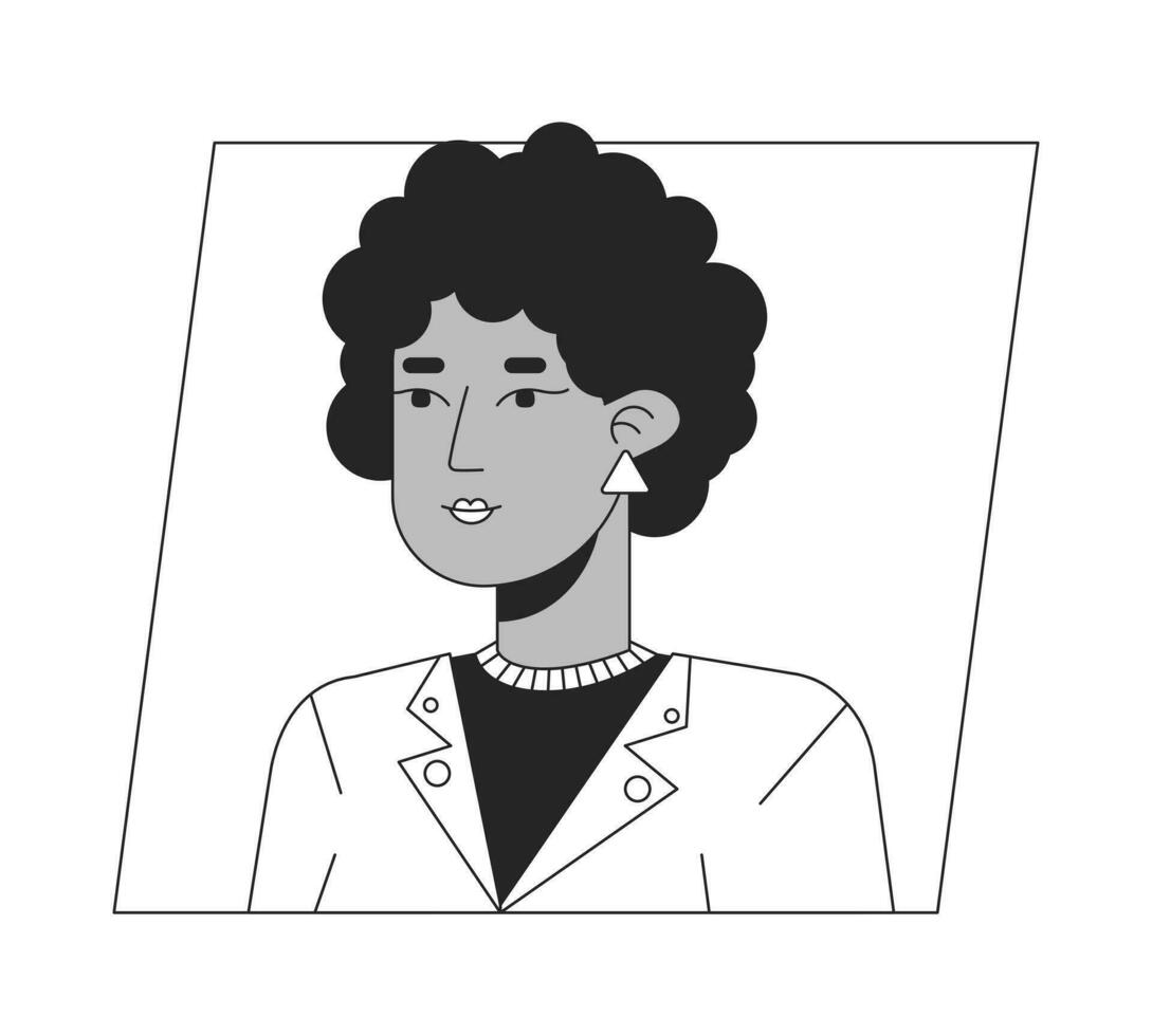 aantrekkelijk volwassen Afrikaanse Amerikaans dame zwart wit tekenfilm avatar icoon. bewerkbare 2d karakter gebruiker portret, lineair vlak illustratie. vector gezicht profiel. schets persoon hoofd en schouders