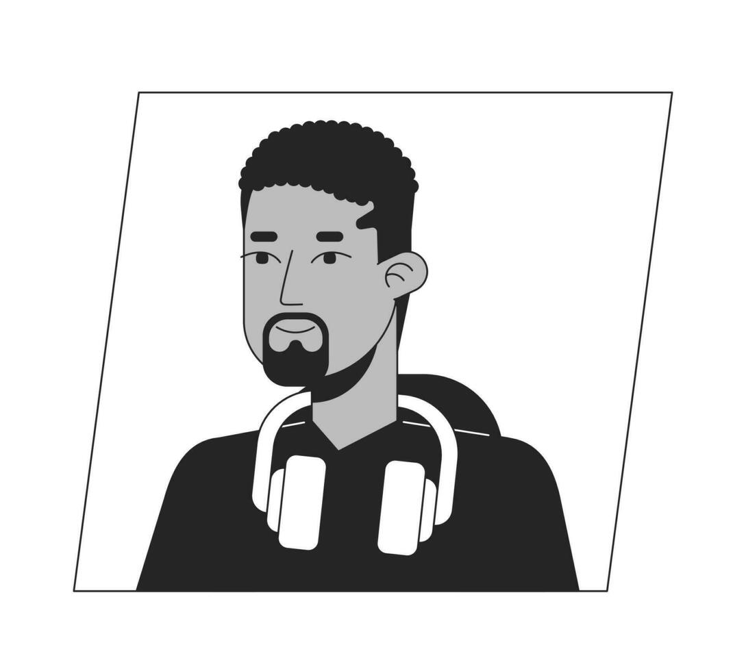 jong Mens met hoofdtelefoons zwart wit tekenfilm avatar icoon. Mens met baard bewerkbare 2d karakter gebruiker portret, lineair vlak illustratie. vector gezicht profiel. schets persoon hoofd en schouders