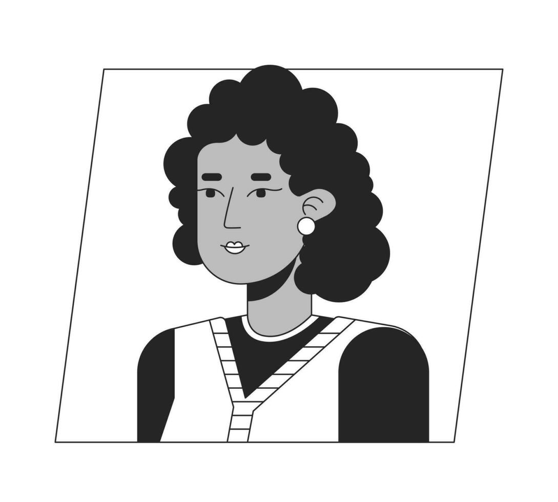 volwassen Afrikaanse Amerikaans vrouw met gekruld haar- zwart wit tekenfilm avatar icoon. bewerkbare 2d karakter gebruiker portret, lineair vlak illustratie. vector gezicht profiel. schets persoon hoofd en schouders