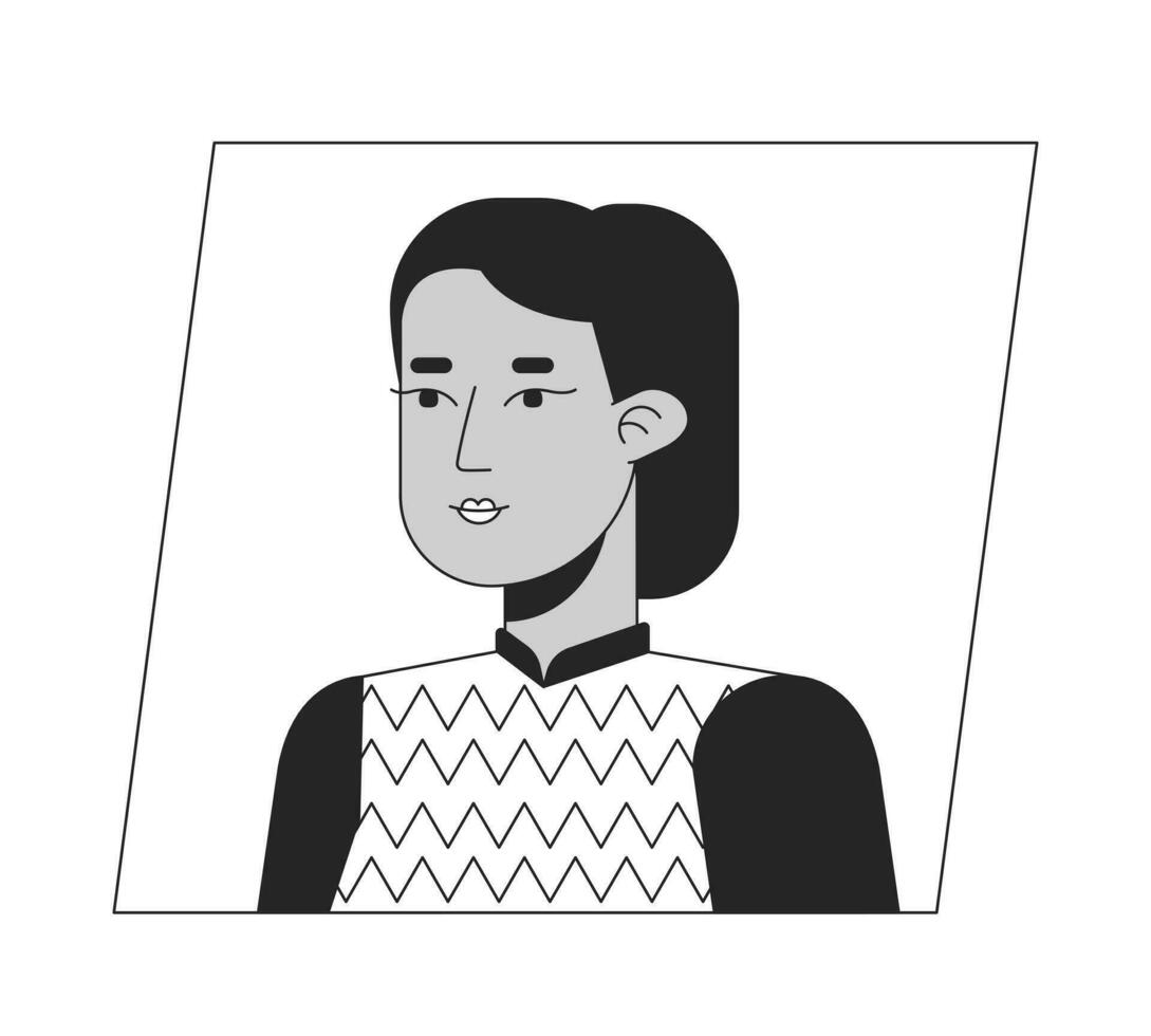 aantrekkelijk moslim meisje met paardenstaart kapsel zwart wit tekenfilm avatar icoon. bewerkbare 2d karakter gebruiker portret, lineair vlak illustratie. vector gezicht profiel. schets persoon hoofd en schouders