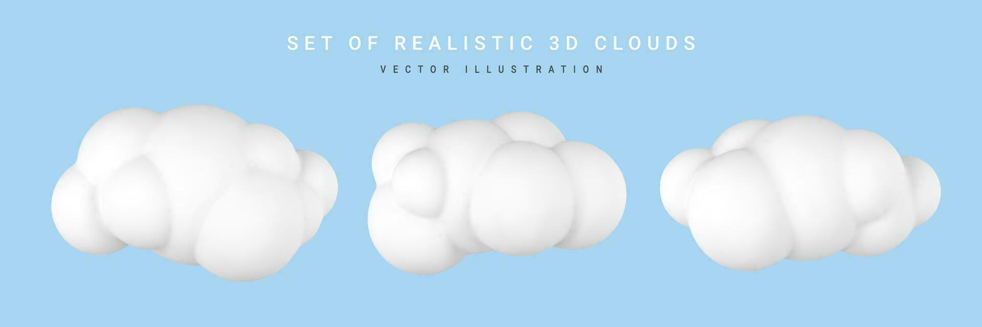 3d plastic wolken. reeks van ronde tekenfilm pluizig wolken geïsoleerd Aan een blauw achtergrond. vector illustratie