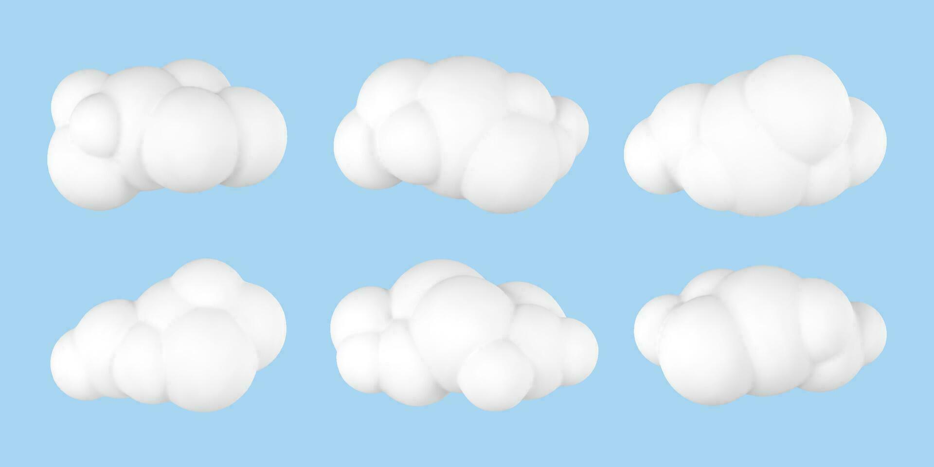 3d plastic wolken. reeks van ronde tekenfilm pluizig wolken geïsoleerd Aan een blauw achtergrond. vector illustratie