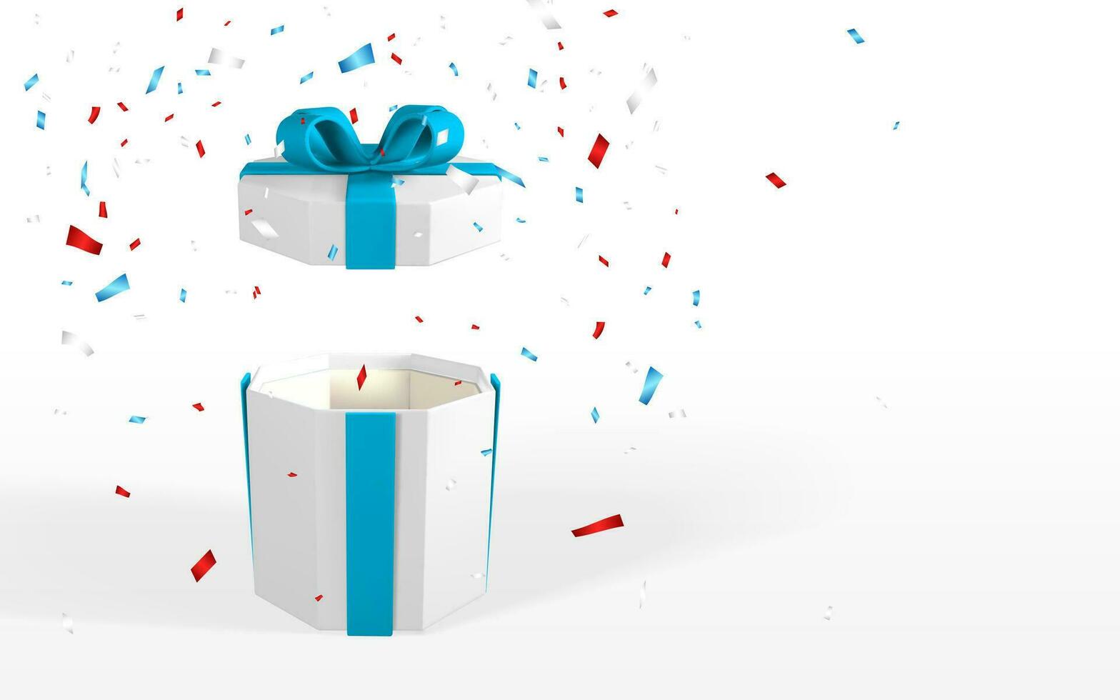 3d realistisch wit Open geschenk doos met blauw boog. papier doos met lint, schaduw en confetti geïsoleerd Aan wit achtergrond. vector illustratie