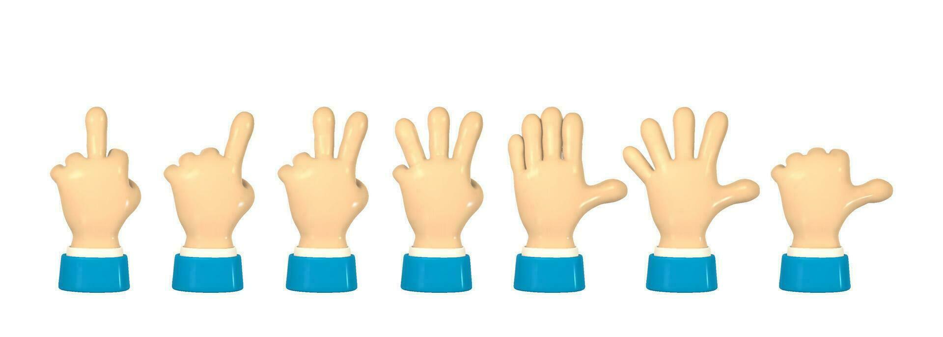 tekenfilm karakter hand- shows vinger gebaren. 3d geven hand- zakenman in pak. vector illustratie