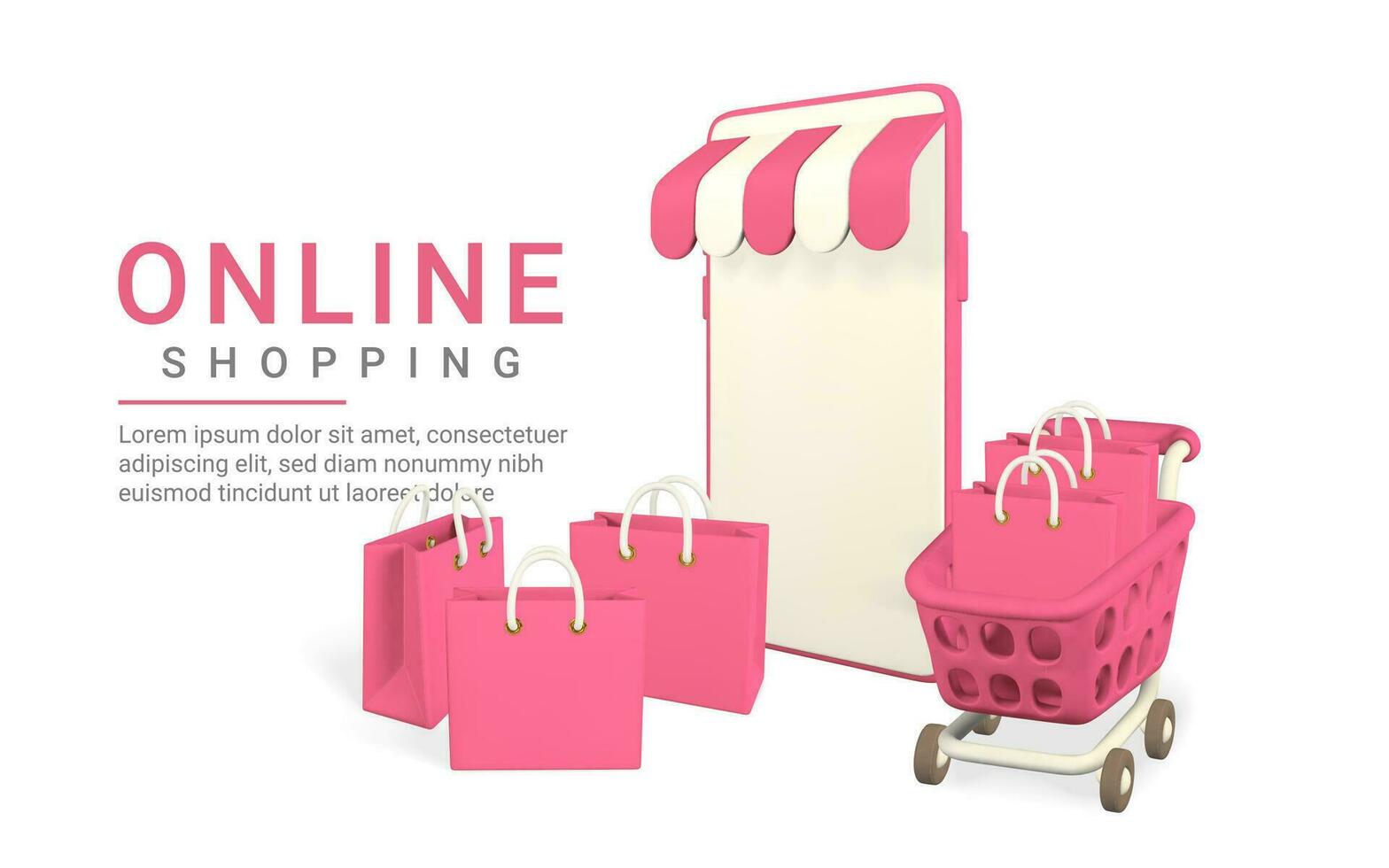 online boodschappen doen concept. realistisch 3d mobiele telefoon met rood boodschappen doen kar en boodschappen doen Tassen. online op te slaan. vector illustratie